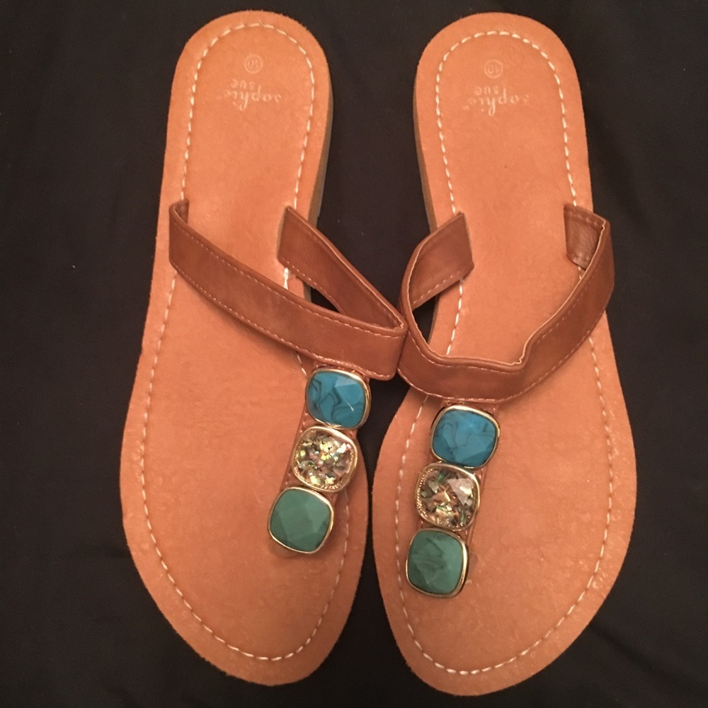EUC Sophie Sue Brown Flip Flops Boho Bling Gems 10